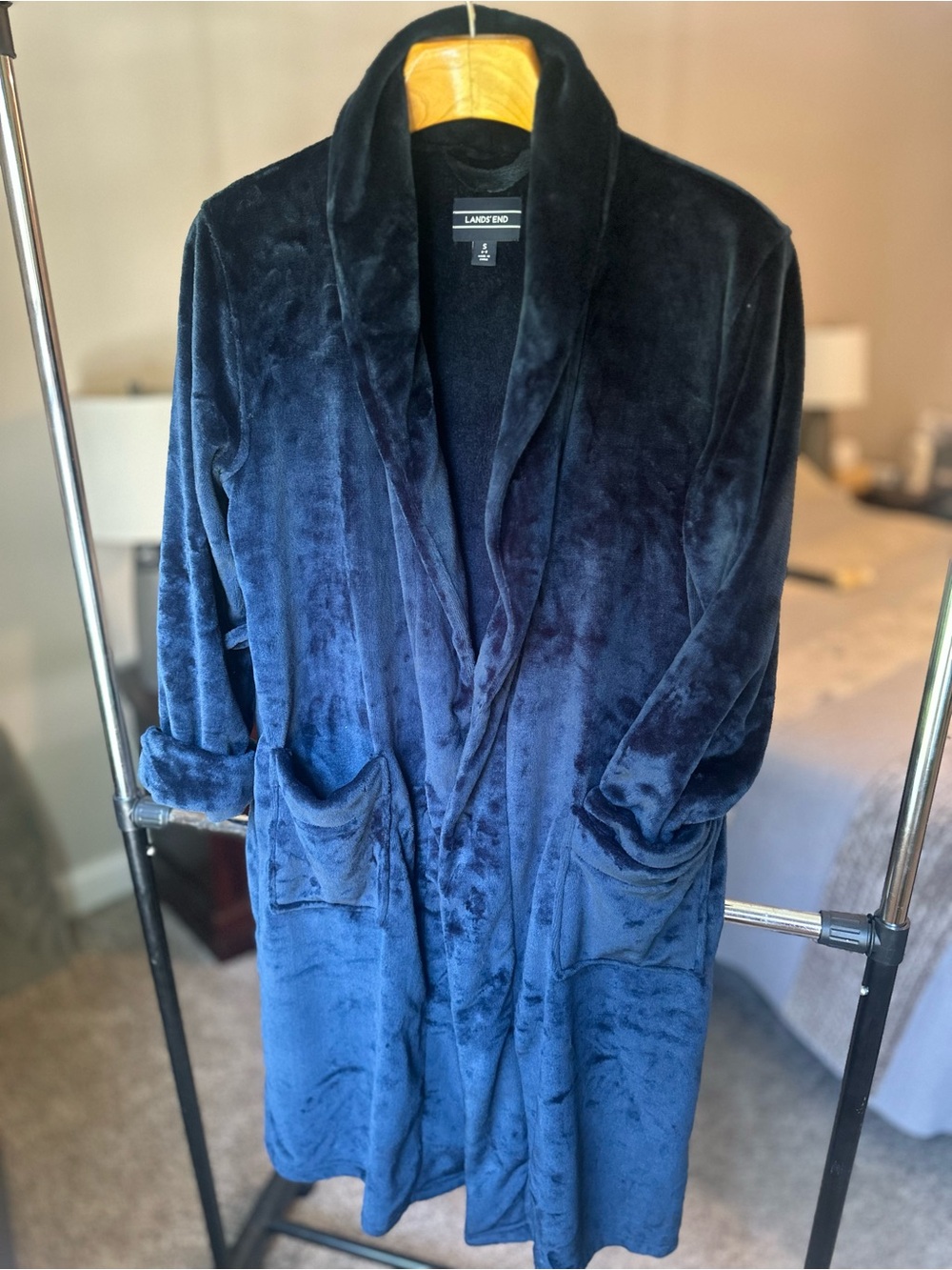 Lands’ End Women’s Plush Fleece Robe Small Navy Blue Full Length